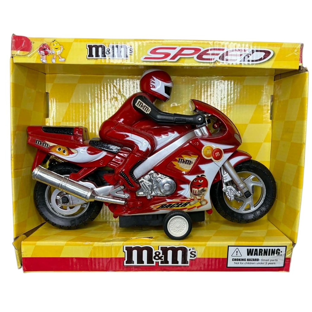 RARE M&M's Speed Racer Red Motorcycle Toy with Rider Figure Original Box 11 inch